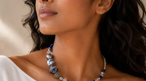 Handcrafted blue beaded necklace from Blue Plumeria, worn