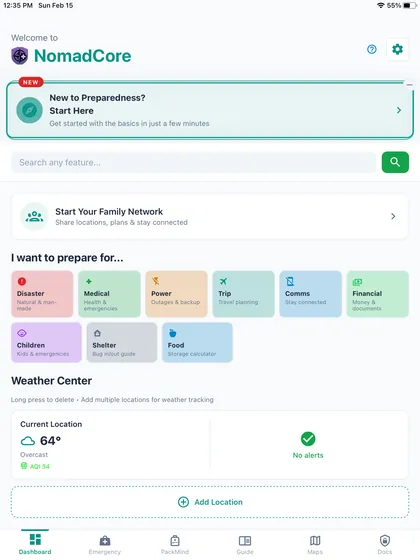 NomadCore app dashboard showing the family preparedness home screen