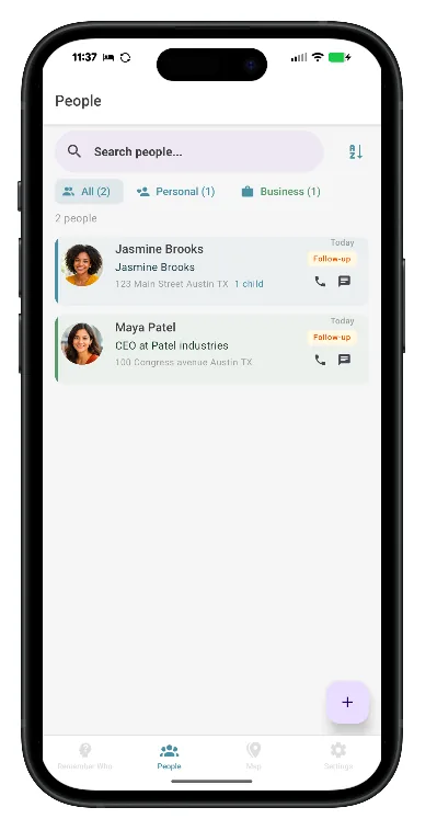 Remember Who app showing the contacts list with follow-up reminders